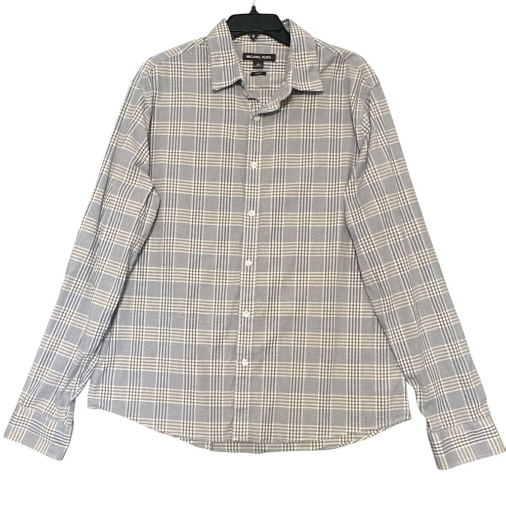 Michael Kors Mens Slim Fit Button Down Shirt XL Gray Tan Plaid Long Sleeve
